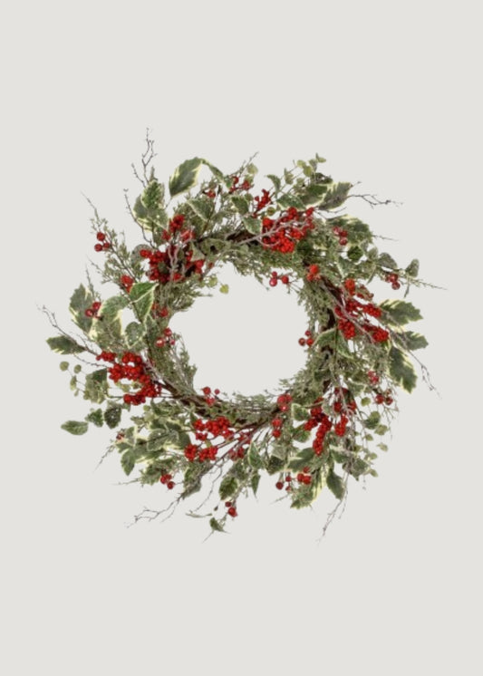 Winter Frost Holly and Red Berry Holiday Wreath - 24"