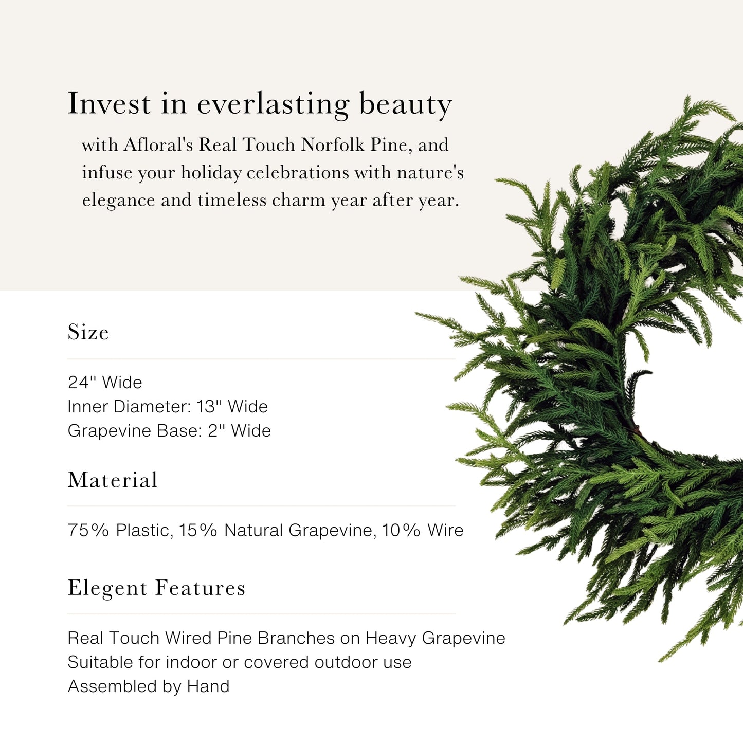 Afloral Real Touch Norfolk Pine Wreath - 24"