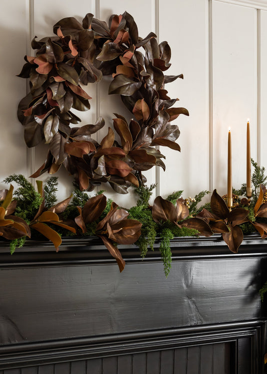 Premium Real Touch Artificial Magnolia Wreath in Aged Brown - 26"