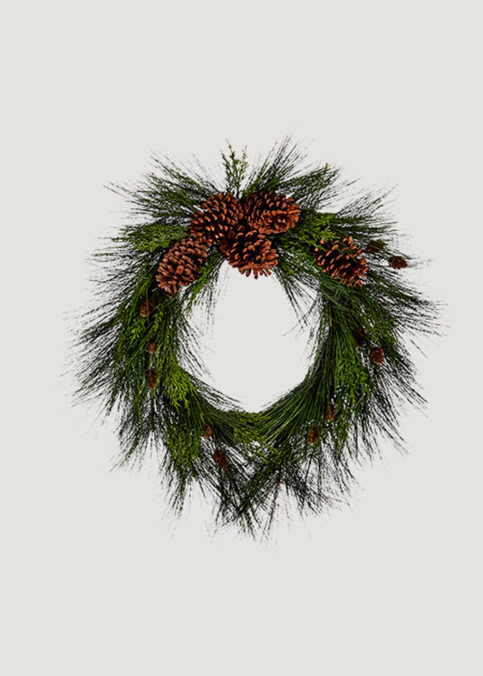 Fake Long Needle Pine Winter Wreath with Cones - 26"