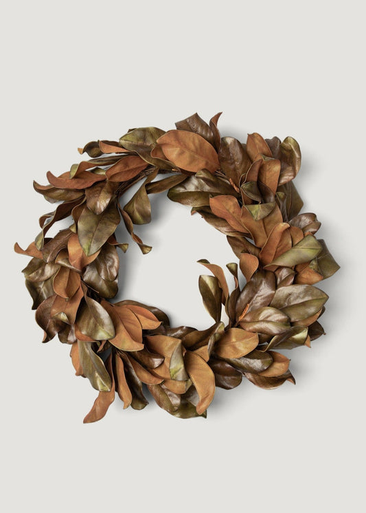 Premium Real Touch Artificial Magnolia Wreath in Aged Brown - 26"