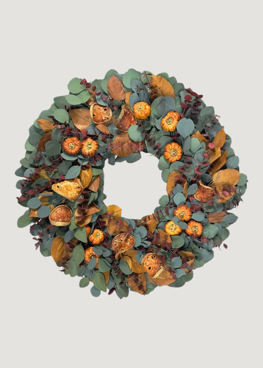 Natural Eucalyptus and Quince Fall Wreath with Pumpkins - 22"